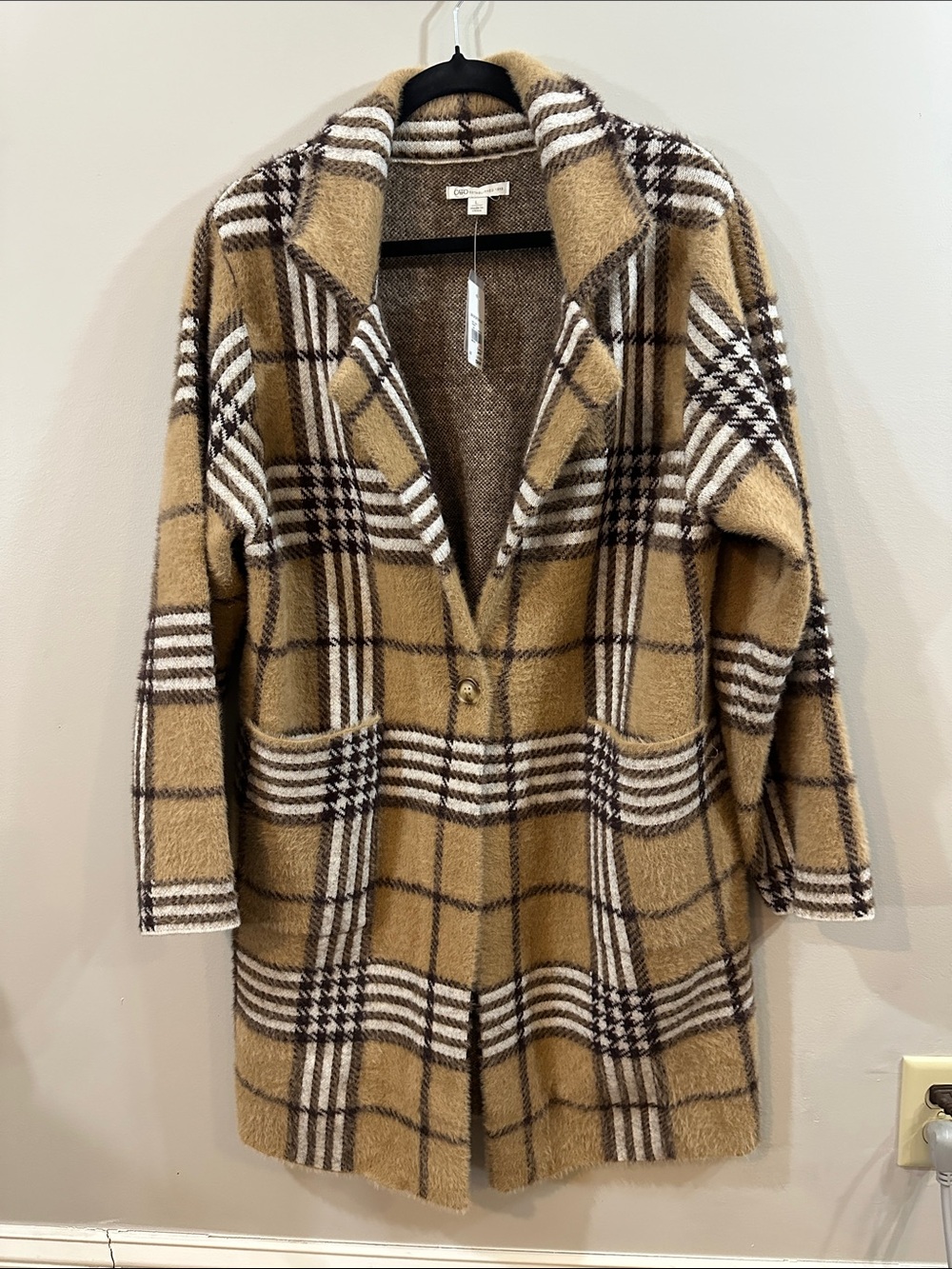 NWT Plaid Long Sweater Coat in Camel and White Plaid, Soft, Fuzzy Knit- Size L